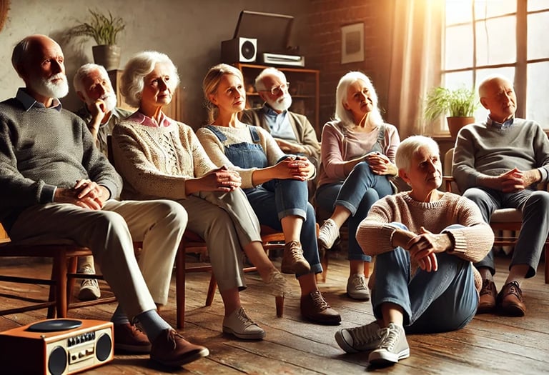 Gruppe älterer Menschen hört entspannt Musik