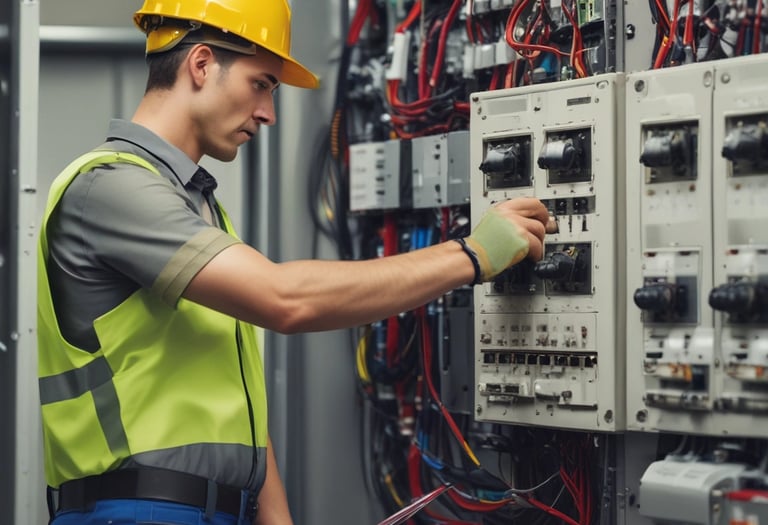 Worker wearing protective gear inspecting electrical panel in industrial setting.