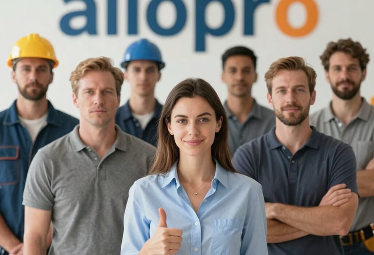 A diverse team of skilled home service professionals and handymen posing in front of an Allopro logo.
