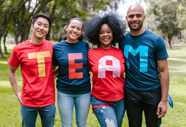 Family with TEAM printed T-shirts