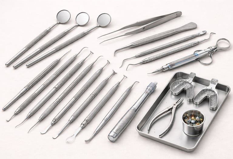 Dental instruments including probes, forceps, and hand tools on a white background.
