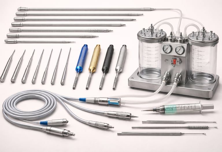 Liposuction tools like cannulas and handpieces on a white background.