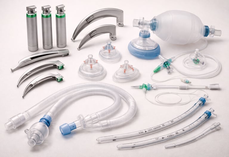 Anesthesia equipment including masks, tubes, and laryngoscopes on a white background.