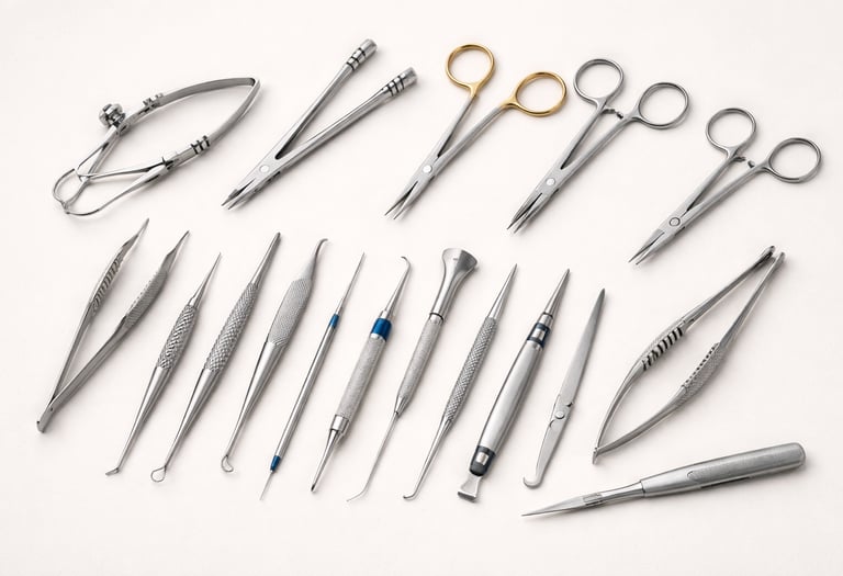 Ophthalmic instruments like scissors, forceps, and needle holders on a white background.