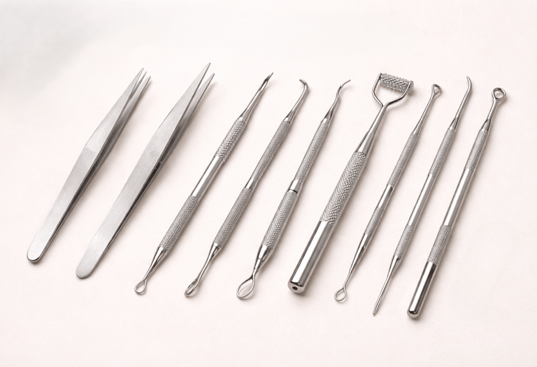 Beauty instruments such as tweezers, extractors, and spatulas on a white background.