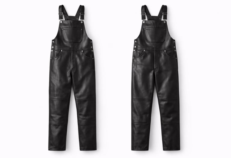 Black leather overalls with adjustable straps for workwear use