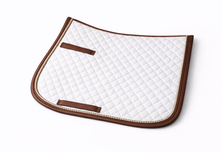 Quilted saddle pad with leather trim.