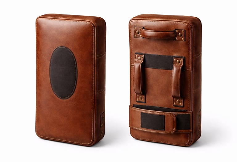 Thick padded leather strike shields with handles for boxing and martial arts training.