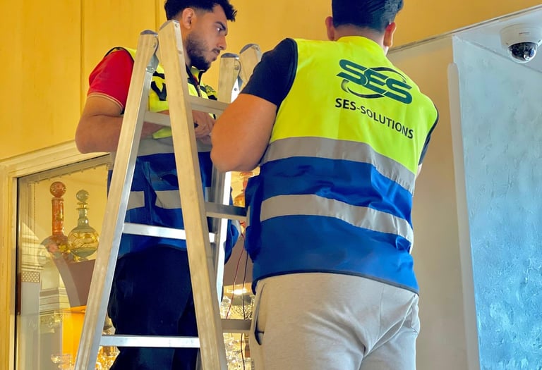 فنين شركة ses  للحلول الهندسية يركبون انذار حريق داخل فندق بالقاهرة