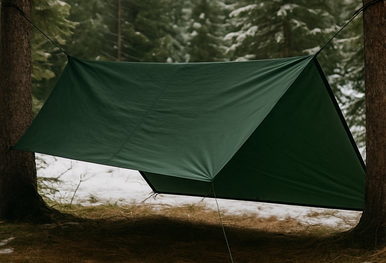 Suspended tarp shelter tied between trees for minimalist forest camping