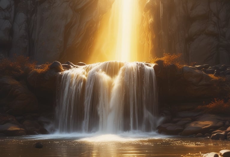 healing golden light energy flowing down a waterfall