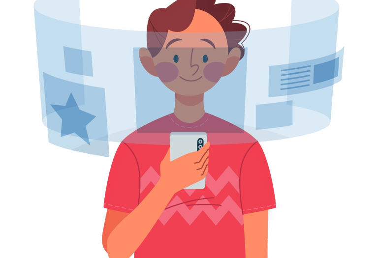 En mann i en rød skjorte holder en mobiltelefon.