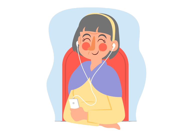En eldre dame hører på musikk