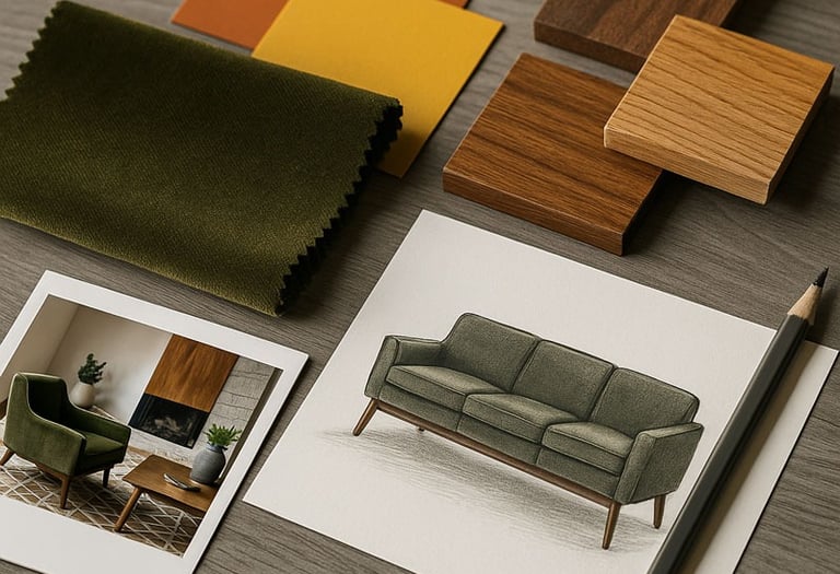 Mood board for custom Mid-Century sofa including sketches, fabrics, and color samples