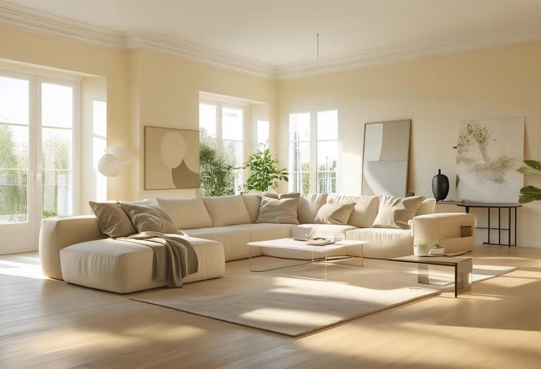 Modern living room with eggshell white walls, natural light, and oak flooring.