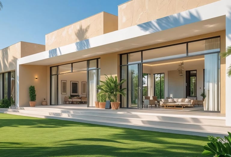 Modern villa exterior in beige and white with clean lines and fresh paint.