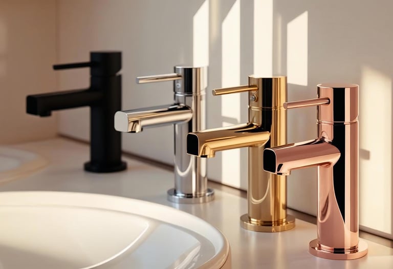 Display of luxury bathroom faucets in multiple finishes including black and brass.