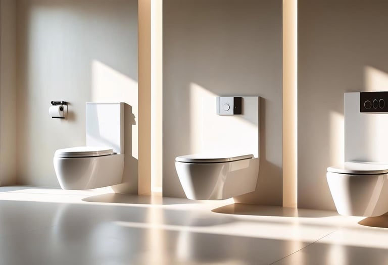 Display of modern toilet styles and bidets in a showroom setting.