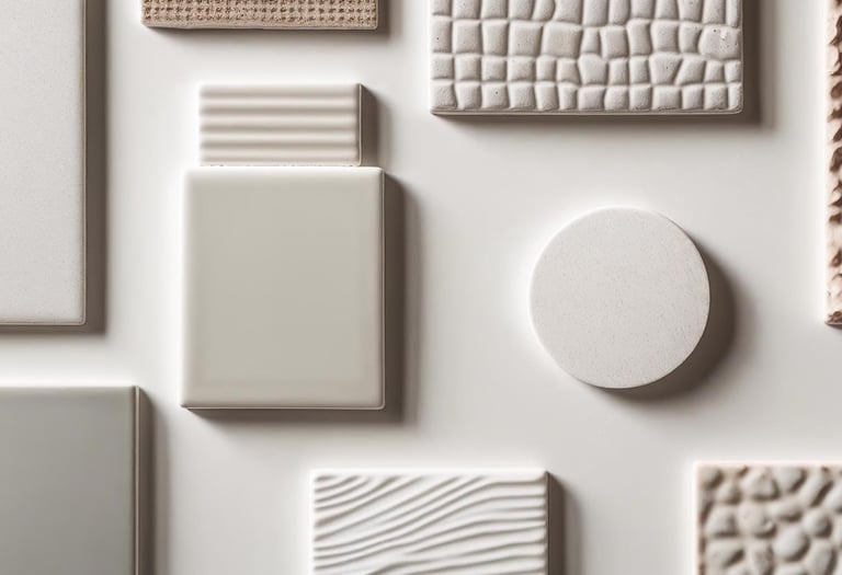 Close-up of ceramic tile samples with glossy, matte, and patterned finishes.