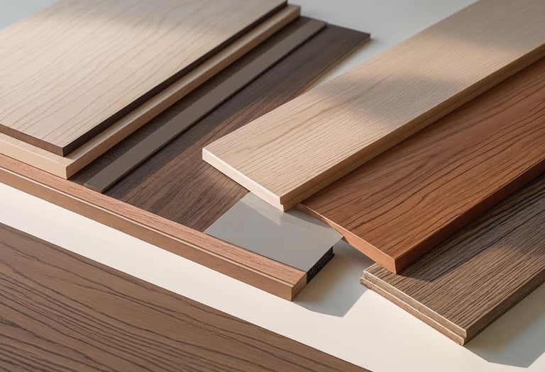 Close-up of engineered wood flooring samples with various finishes.