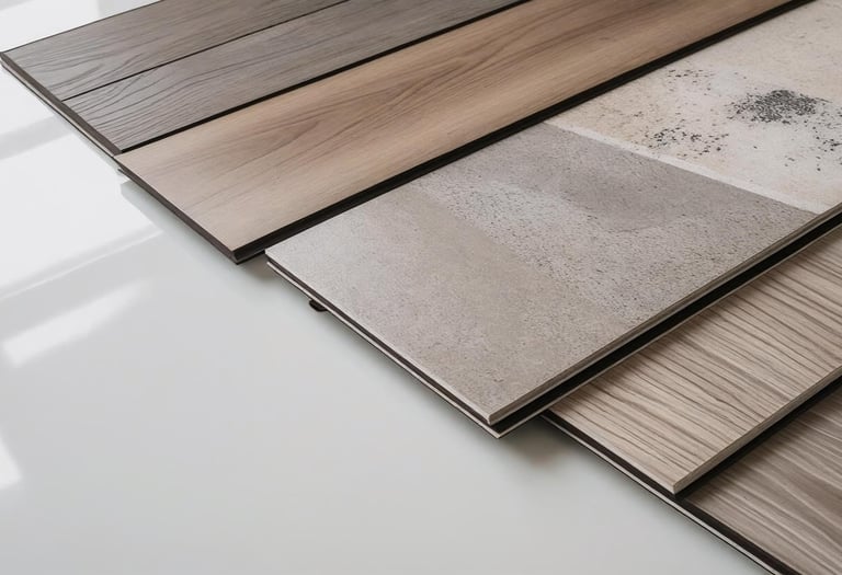 Close-up of laminate flooring samples with woodgrain and stone-look finishes.