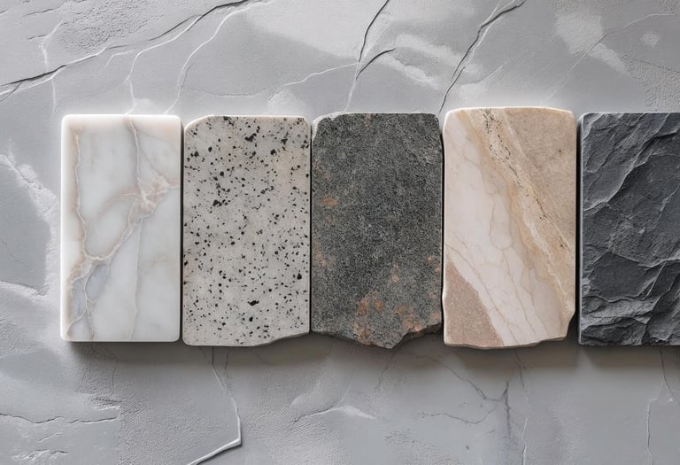 Close-up of polished marble, granite, travertine, and slate natural stone samples.