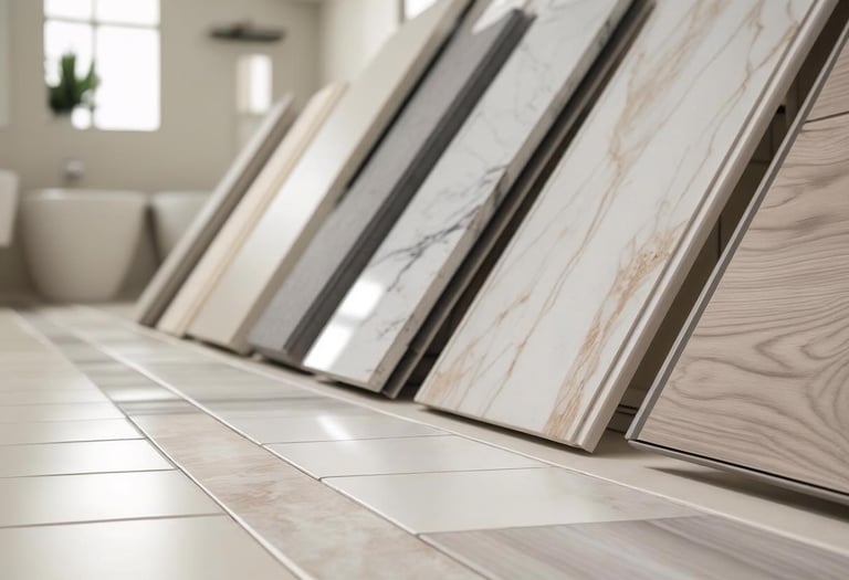 Bathroom flooring samples including porcelain, marble, vinyl, and wood-look tiles.