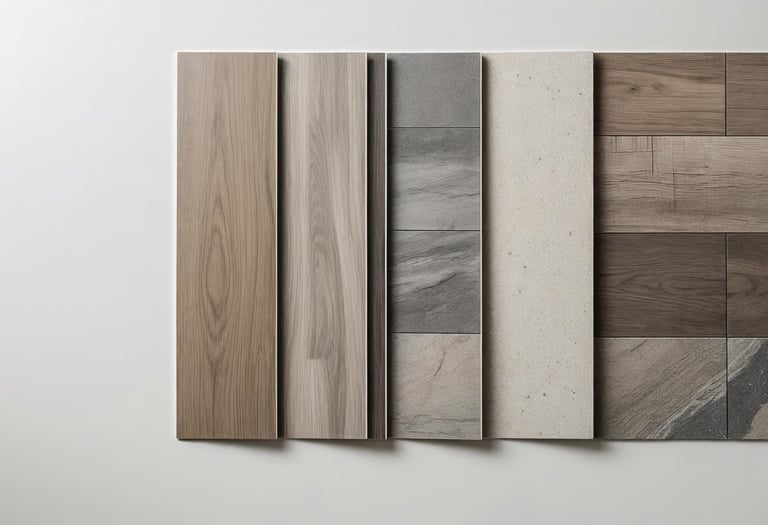 Close-up of vinyl plank flooring samples with wood-look and stone-look finishes.