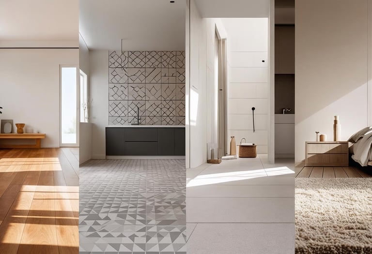 Collage of hardwood, tile, carpet, and stone flooring styles for various rooms.