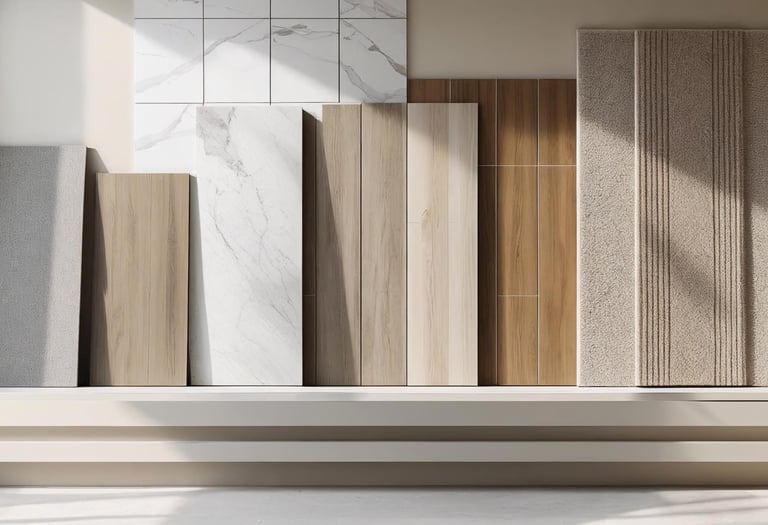 Various flooring materials including wood, tile, marble, laminate, vinyl, and carpet samples.