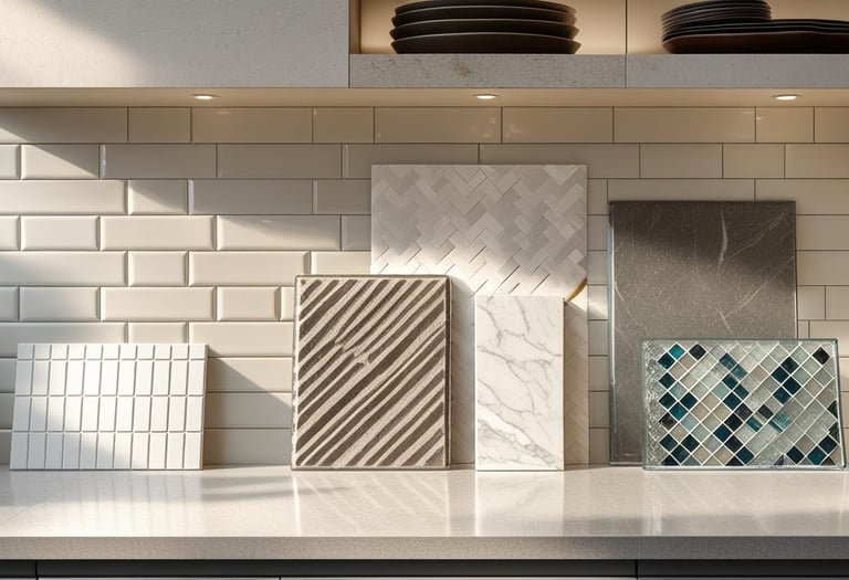 Backsplash samples on a showroom counter, including subway, marble, mosaic, and herringbone tiles.