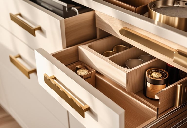 Close-up of custom kitchen features like gold handles, organizers, and soft-close drawers.