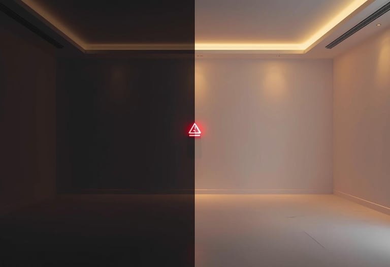 Dubai modern living room half dark and half lit, with glowing red emergency sign in the center, symb