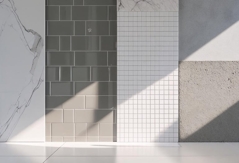 Display of different bathroom wall finishes including marble, tile, and microcement.