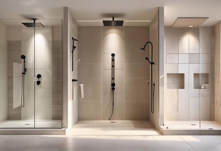 Display of modern walk-in showers with glass, rainfall heads, and built-in niches.