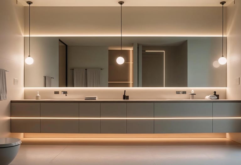 Bathroom with smart lighting and backlit mirrors above a modern vanity.