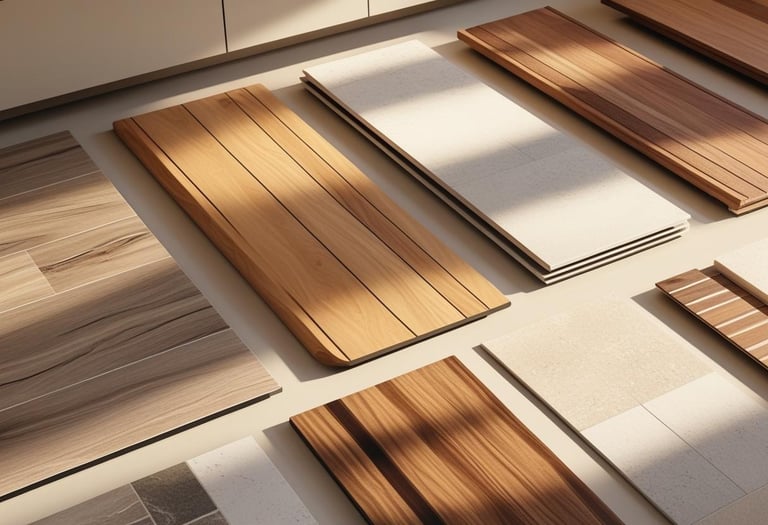 Kitchen flooring samples including wood, tile, and stone laid out on a showroom counter.
