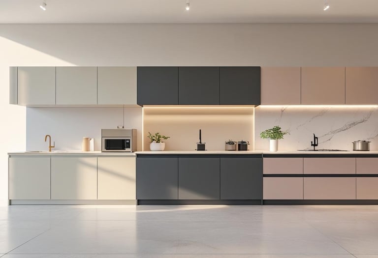 Three modern kitchen setups showing basic, modern, and luxury renovation styles.