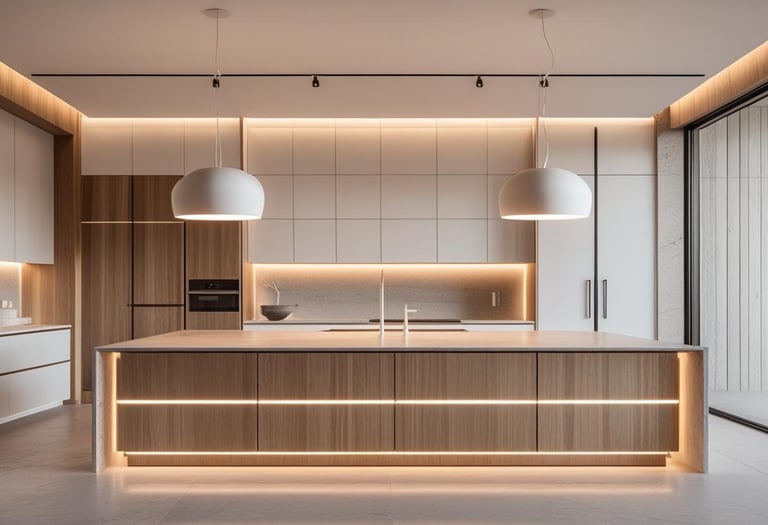 Modern kitchen with pendant lights, under-cabinet LEDs, and ceiling spotlights in a bright, stylish