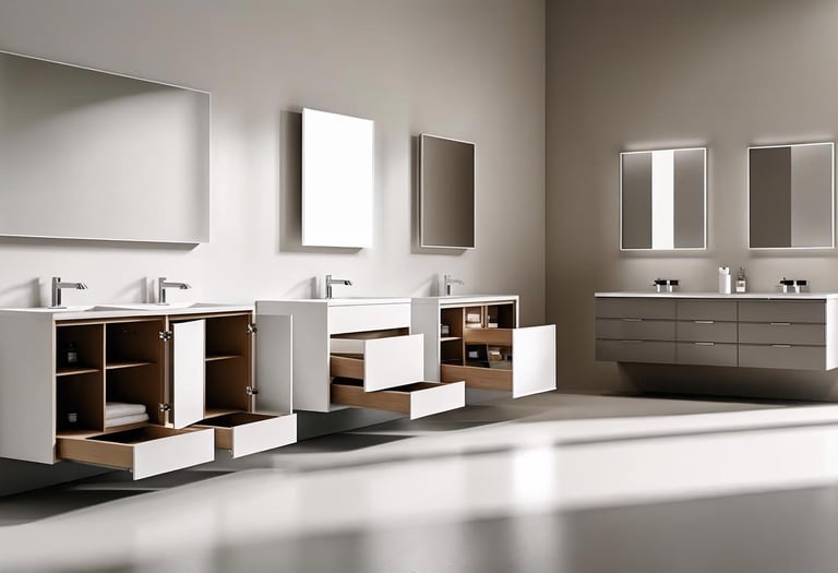 Showroom with different bathroom vanity styles and storage options on display.