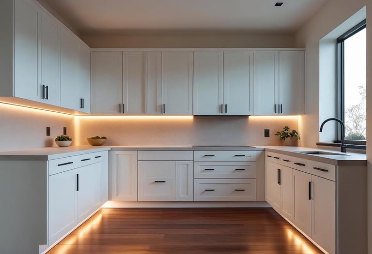 White shaker kitchen cabinets with black handles in a modern, minimal space.