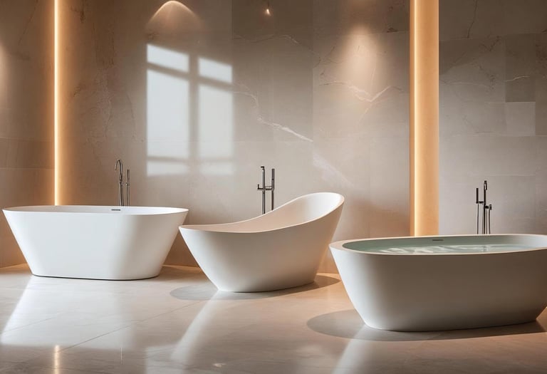 Freestanding and jetted tubs on display in a modern bathroom showroom.