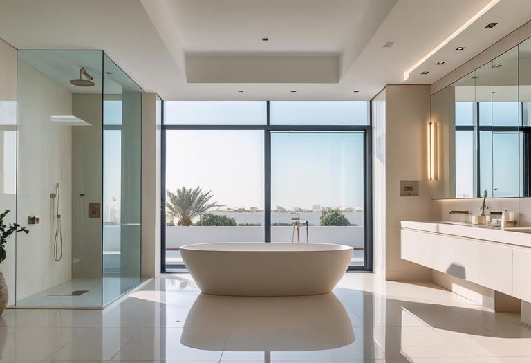 Wide view of a modern bathroom with walk-in shower, freestanding tub, vanities, and wet room design.