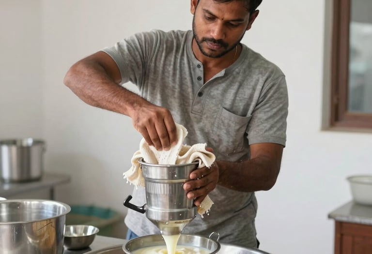 A man uses a cloth filter and metal press to strain fresh soy milk from organic soybeans.