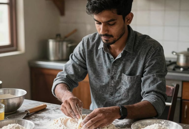 A male chef kneading dough on a flour-covered kitchen counter for homemade bread.
