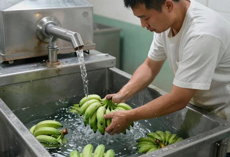 A worker washing bunches of fresh green bananas in a stainless steel water tank.