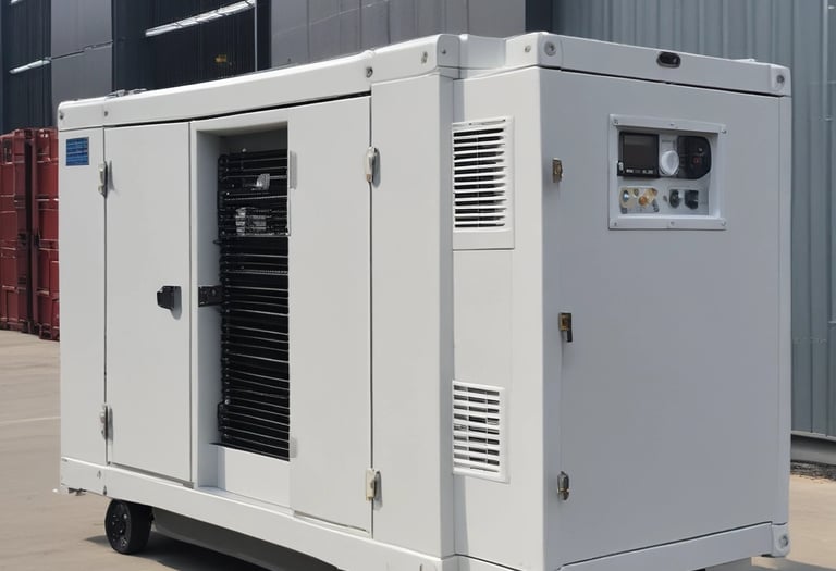 A portable diesel engine generator encased within a black metal frame, featuring a combination of silver, red, and black components. The engine housing displays branding and instructional graphics. The backdrop is a plain, muted gray-blue surface.