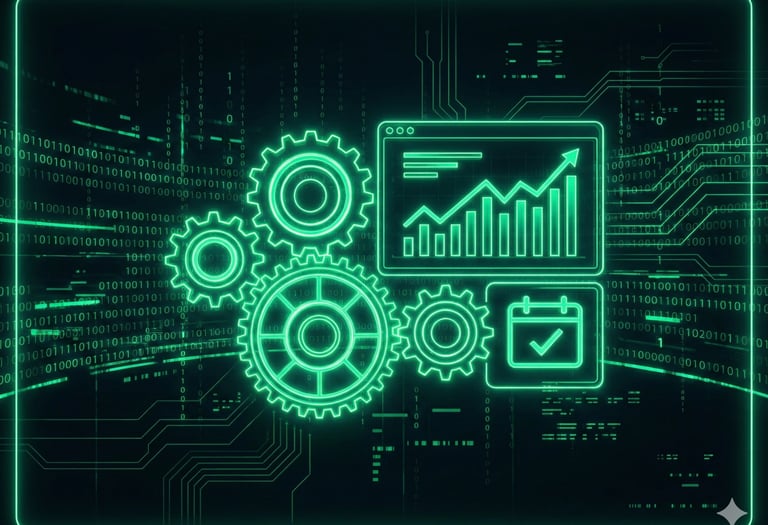 Painel de dashboard e engrenagens neon representando a gestão mensal e atualização técnica de perfil de empresa.