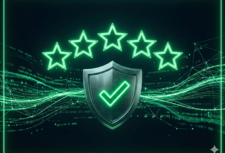 Escudo de proteção com 5 estrelas neon verdes, simbolizando gestão de reputação e avaliações positivas no Google.