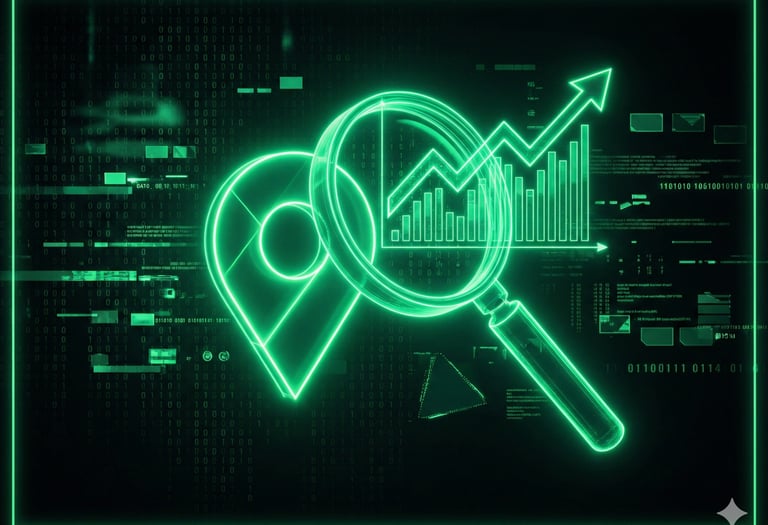 Lupa digital neon analisando pino de localização, representando otimização de perfil Google Meu Negócio e SEO local.